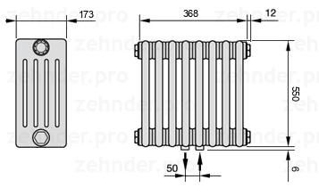 Схема (чертеж) Радиатор Zehnder Charleston 5055/8 №5410 Белый глянцевый RAL 9016